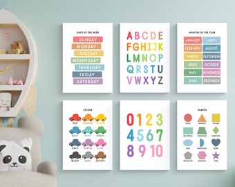 Ensemble de 6 affiches d'apprentissage Cars | Décoration murale de salle de jeux arc-en-ciel | Impressions pour enfants | Décor de pépinière | Affiche murale de l'école à la maison | Affiche préscolaire