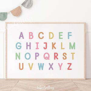 Horizontales Alphabet Poster, ABC Poster Landschaft, Pastell Wanddekor, Vorschule Posterdruck, Kinderzimmer Wanddekor, Lernposter zu Hause