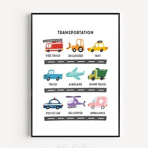 Cartel de pared de transporte / Impresiones de vehículos de construcción / Arte de pared de camiones / Decoración de sala de juegos para niños / carteles de aprendizaje / Decoración de guardería arcoíris