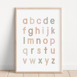 May include: A framed alphabet print featuring lowercase letters in various pastel colors. The letters are arranged in a grid, with each letter in a different shade of pink, green, and brown. The frame is a light wood color, and the print is displayed on a white wall.