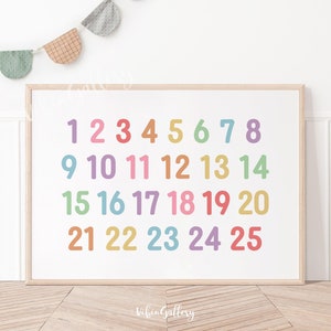 Póster de números del 1 al 25 en formato horizontal, contar hasta el 1 al 25, decoración de pared en tonos pastel, póster de aprendizaje en el aula, tabla de conteo de números, guardería, decoración de educación en el hogar