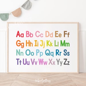 Póster horizontal del alfabeto, letras mayúsculas y minúsculas, decoración de pared con arcoíris, decoración de guardería, póster de aprendizaje para sala de juegos, póster horizontal del alfabeto