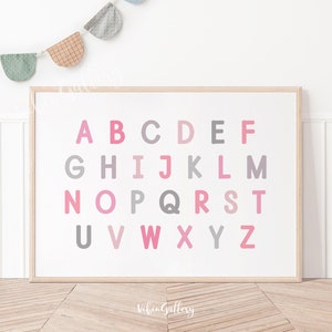 Horizontales Alphabet Poster, Rosa, Neutral, Grau ABC Poster Landschaft, Vorschulplakatdruck, Kinderzimmer-Wanddekor, Lernplakat zu Hause
