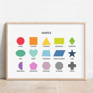 May include: A framed print featuring colorful geometric shapes with their names. The shapes include a circle, square, triangle, rectangle, diamond, oval, heart, trapezoid, parallelogram, star, semicircle, pentagon, hexagon, octagon, and cross.