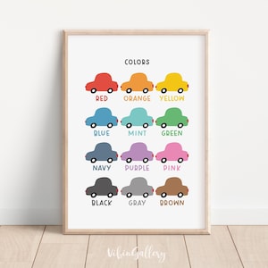 Póster de aprendizaje de colores / Autos coloridos / Decoración de habitación infantil / Decoración de guardería / Decoración de aula / Arte de transporte / Impresión de pared de autos arcoíris /