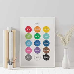 Printable 15 COLORS CHART | Learning Poster | Preschool, Kids, Art, Art Class, Homeschool, Rainbow Decor, Wall Art, Digital Download