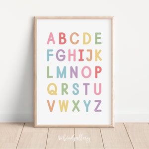 Pastell Alphabet Poster Druck | Regenbogen Wand Dekor | Großbuchstaben Abc | Poster Alphabet lernen | Pastell Kinderzimmer Dekor | Klassenzimmer Wandposter