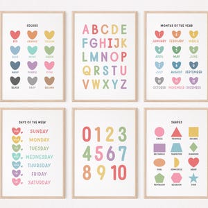 Decoración de pared para sala de juegos en colores pastel / Pósteres educativos de aprendizaje / Láminas para niños / Decoración en colores pastel para guardería / Póster de pared para educación en el hogar / Póster para preescolar