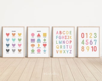 Pastel Playroom Wall Decor | Set of 4 Educational Learning Posters | Kids Alphabet Prints | Nursery Decor | Classroom Wall Poster|