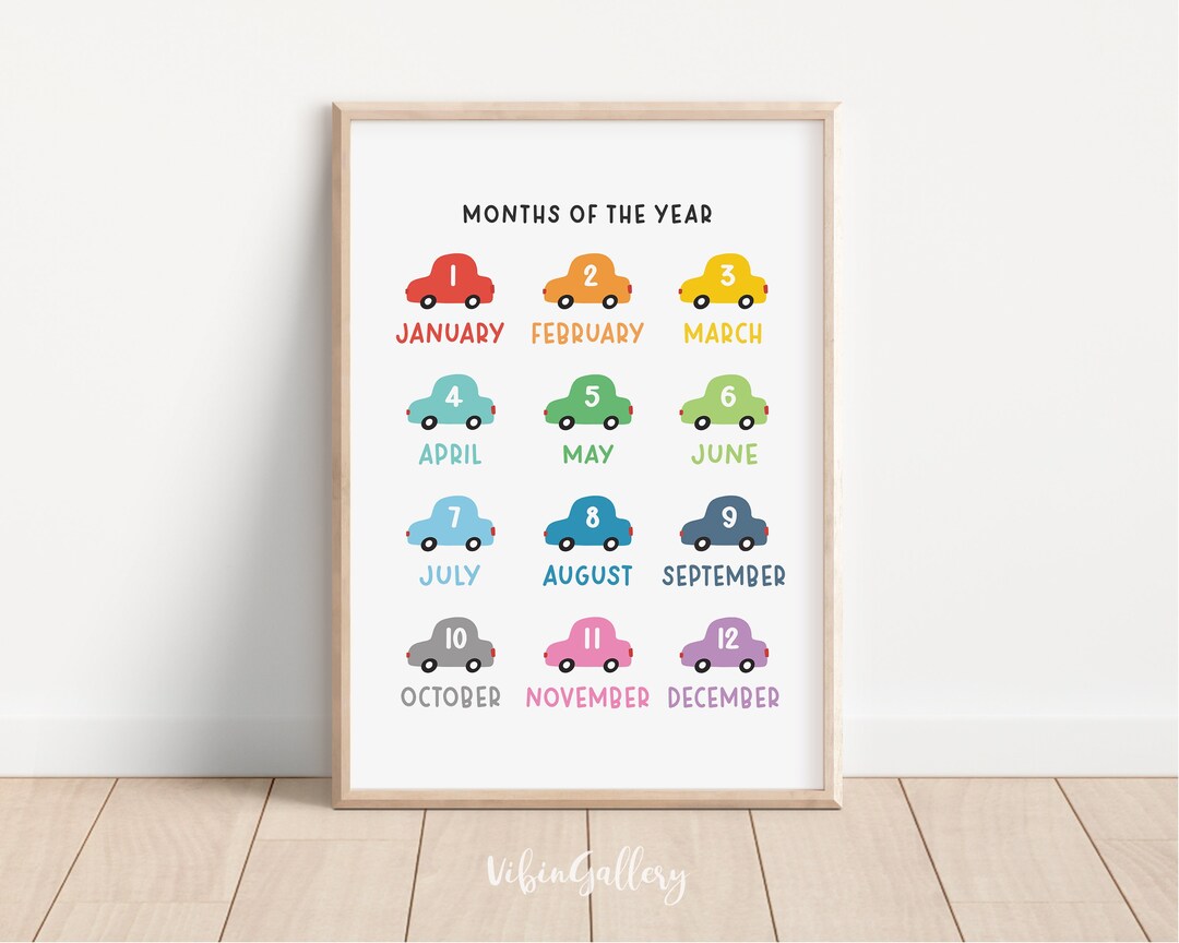 Months of the Year Printable Cars Wall Decor Kids Playroom Educational ...
