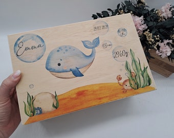 Erinnerungsbox Baby, Erinnerungskiste Unterwasser, Geschenk zur Taufe, Erinnerungskiste Holz, Geschenk für Patenkind