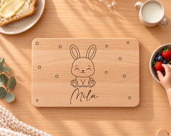 Frühstücksbrettchen personalisiert mit Namen, Hase, Frühstücksbrett Holz für Kinder, Geschenk zur Geburt, Taufe, Einschulung