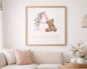 Personalized Initial Teddy Bear Nursery Print | Baby Birth Details (PDF File)