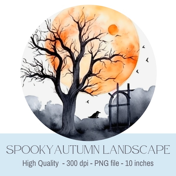 Watercolor Moon PNG, Autumn Png, Full Moon PNG, Halloween PNG, Witchy Sublimation Designs for Sweatshirt, Watercolor Halloween Clipart Png.