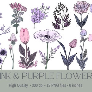 Pink & Purple Floral Clipart Bundle: Boho Flower PNG (Digital Download)