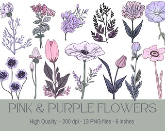 May include: A set of 13 digital illustrations of pink and purple flowers, perfect for crafting projects, scrapbooking, or digital design. The flowers are drawn in a simple, elegant style and are perfect for adding a touch of whimsy to any project.