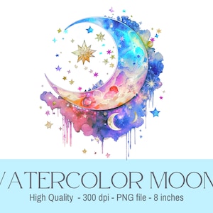 Watercolor Moon PNG: Celestial Galaxy Clipart (Digital Download)