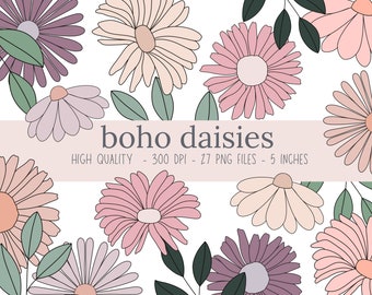 Clipart Boho Daisy: Fiori primaverili pastello PNG (download digitale)
