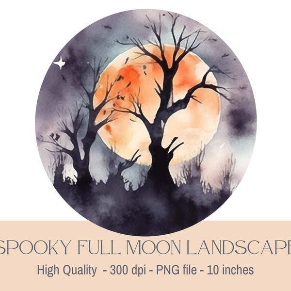 Watercolor Halloween PNG, Halloween Moon PNG, Witchy Png, Gothic Sublimation Designs, Halloween Png for Tshirt, Autumn Moon PNG, Spooky Png.