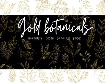 Gold Leaf Botanical Clipart: Metallic Gold PNG Bundle (Digital Download)