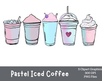 Pastel Iced Coffee Clipart: Pink & Blue PNG Bundle (Digital Download)
