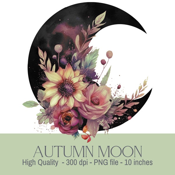 Crescent Moon PNG, Flower Moon Clipart, Watercolor Moon PNG, Boho Floral Png, Witchy Sublimation Designs, Magic Clipart, Fall Sunflower Png.