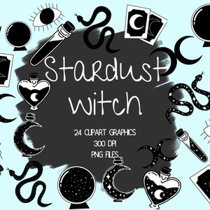 Puede incluir: Un conjunto de 24 gráficos de clipart en blanco y negro que presentan una variedad de elementos de brujería, incluyendo lunas, estrellas, serpientes, ojos, botellas de pociones y cartas de tarot. Los gráficos están sobre un fondo azul claro e incluyen el texto "Stardust Witch".