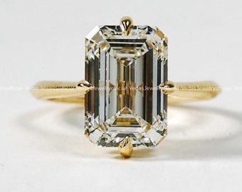 4 CT Emerald Cut Moissanite Engagement Ring: 14K Gold Compass Prong Solitaire