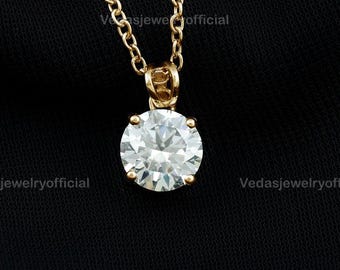 1/2/3CT Round Cut Lab Grown Diamond Solitaire Pendant, CVD Diamond Round Pendant For Women, Yellow Gold Dainty Pendant For Anniversary Gift