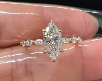 Stunning 2.5 Carat IGI Certified Lab Grown Marquise Diamond Engagement Ring, 18k Gold with Side Marquise Accents, Ideal Gift for Her
