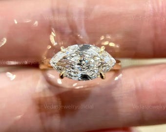 East West Marquise Diamond Engagement Ring, 2.5 Ct Lab Grown Diamond, 14K Gold Solitaire, IGI Certified, Perfect Gift for Her