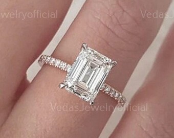 3.0CT Emerald Cut Diamond Engagement Ring, Hidden Halo Moissanite Wedding Ring for Women, Anniversary Gift for Her