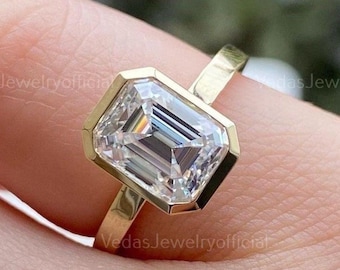 Vintage 2CT Emerald Cut Moissanite Engagement Ring/ Anniversary Ring For Women/ Bezel Set Wedding Promise Ring/ Gold Ring/ Proposal Ring