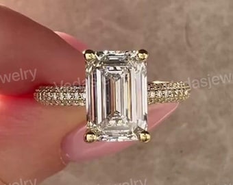 Emerald Cut Diamond Ring, Hidden Halo Ring, 2.5 CT Lab Grown Diamond Engagement Ring, Pave Wedding Ring, Ring for Women, Gift for Her
