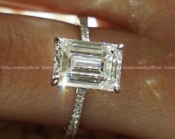 3CT Emerald Cut Moissanite Engagement Ring: Hidden Halo, Claw Prongs