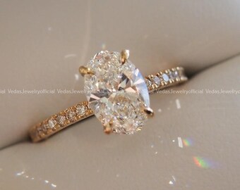 2CT Oval Moissanite Engagement Ring: 14K Yellow Gold, Hidden Halo