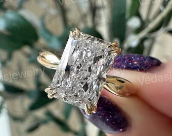 3CT Radiant Lab Grown Diamond Engagement Ring: 14K Gold Hidden Halo