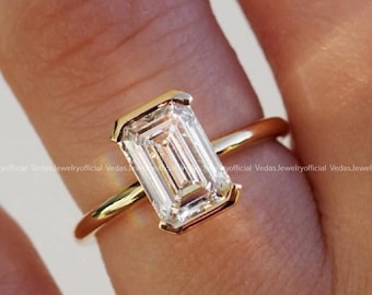 18k Gold Half Bezel Emerald Cut Moissanite Engagement Ring