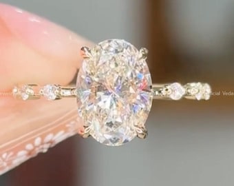 2CT Oval Moissanite Engagement Ring: Vintage 14k Yellow Gold Marquise Design