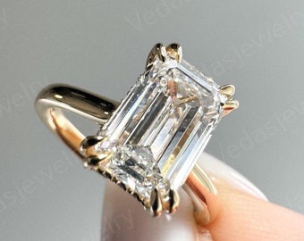 3 Carat Emerald Diamond Ring Solitaire IGI Certified Emerald Cut Lab Grown Diamond Engagement Ring Double Claw Prong Ring Yellow Gold Ring