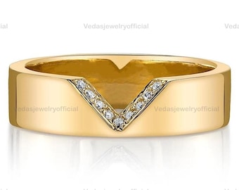 V Shape Curved Wedding Band Thick Gold Wedding Band Flat Band Rings for Women 14K Solid Gold Promise Ring Cigar Band Ring Anniversary Gift