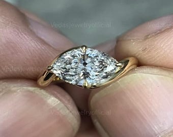 Marquise Cut Lab Grown Diamond Solitaire Engagement Ring/ CVD Diamond Curved Wedding Ring/ East West Set Anniversary Ring/ Gift For Wife