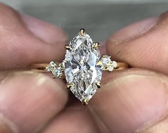 Marquise Cut Diamond Cluster Engagement Ring, Side Round Lab Grown Diamond, Wedding Ring for Her, Unique Anniversary Ring for Women