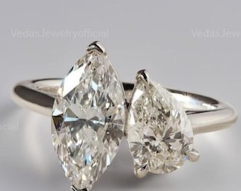 Pear And Round Cut Moissanite Toi Et Moi Ring / Colorless Moissanite Two Stone Engagement Ring / Moissanite You & Me Proposal Ring For Her