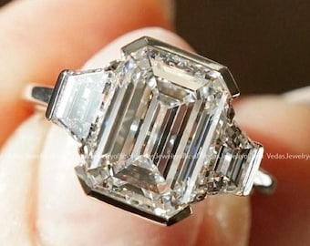 Emerald Cut Moissanite Engagement Ring: Three Stone Trapezoid, 925 Sterling Silver