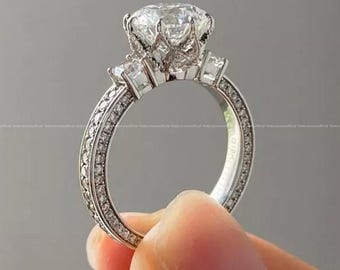 2.5ct Round Moissanite Engagement Ring: Vintage Pave Solitaire, Sterling Silver