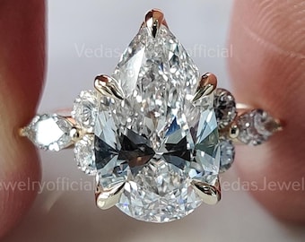 3.00 CT Pear Lab Grown Diamond Ring – Stunning Wedding Band with Side Pear & Round Diamonds, Ideal Anniversary Gift for Women