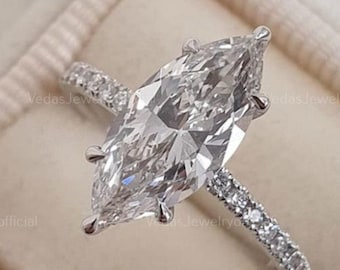 3 CT Marquise Cut Moissanite Engagement Ring, 14K Solid Gold Hidden Halo, Perfect Promise Ring for Wedding Gift