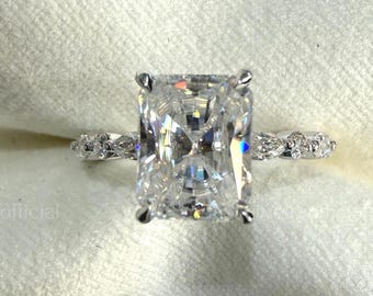 Elongated Radiant Cut Moissanite Engagement Ring, Radiant Side Stone Marquise & Round Moissanite Ring, Double Hidden Halo Promise Ring