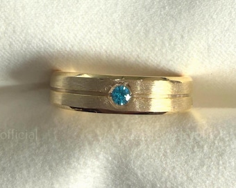 6mm Men’s Aquamarine Diamond Wedding Band – 10K/14K/18K Gold Beveled Ring, Flush Set Modern Design for Him, Wedding Gift